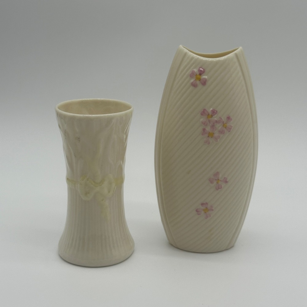 Belleek Ireland Parian China Bud Vase Set 2pc Pink Floral Wheat Bow Ivory Gold